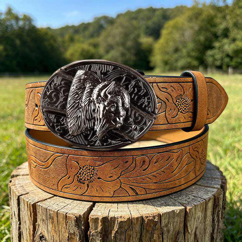 Western PU Embossed Leather Belt - with Square Buckle