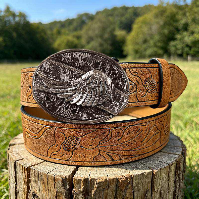 Western PU Embossed Leather Belt - with Square Buckle