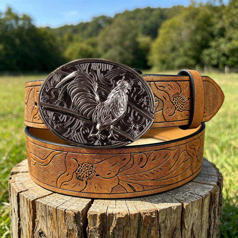 Western PU Embossed Leather Belt - with Square Buckle