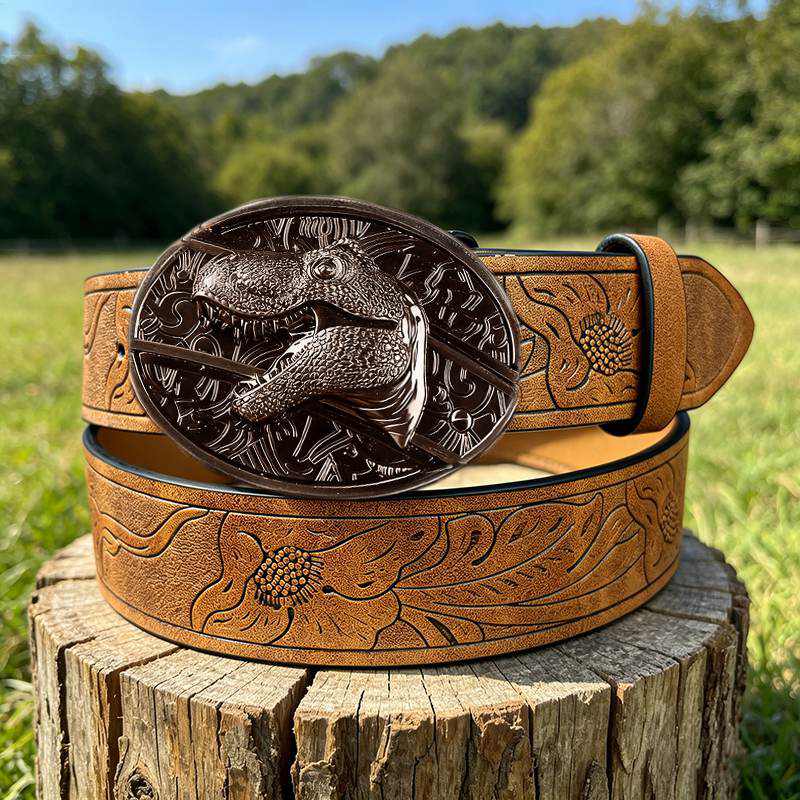 Western PU Embossed Leather Belt - with Square Buckle