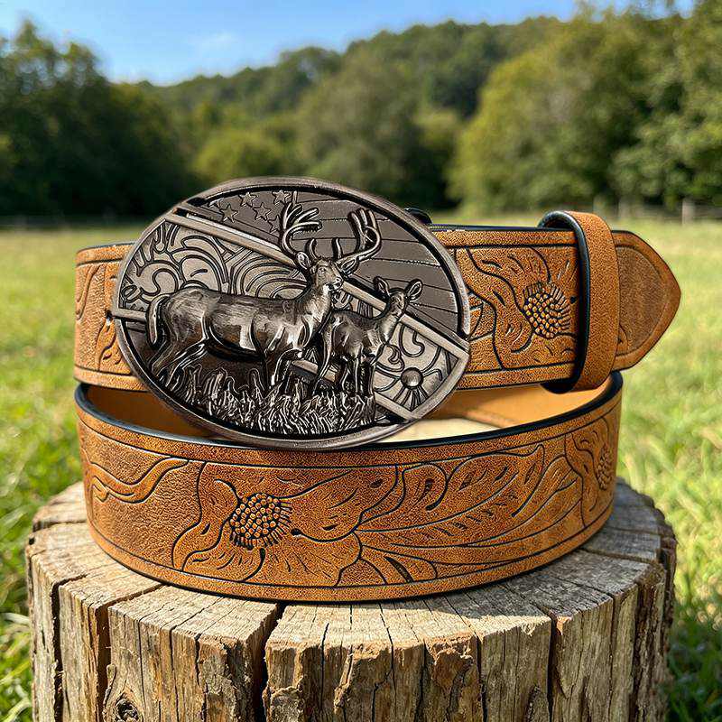 Western PU Embossed Leather Belt - with Square Buckle