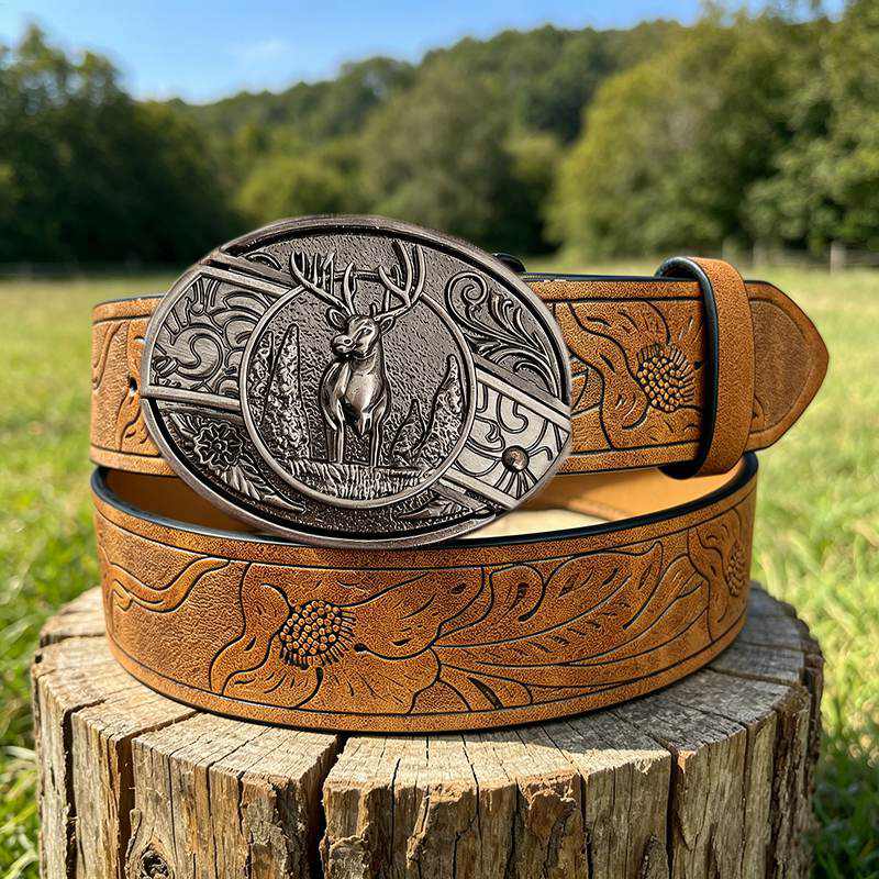 Western PU Embossed Leather Belt - with Square Buckle