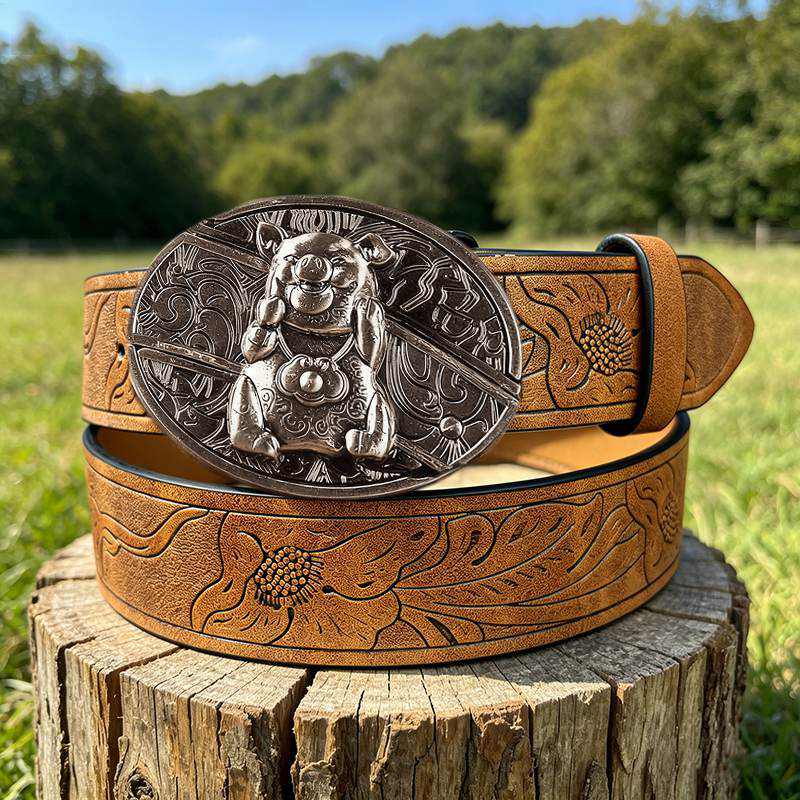Western PU Embossed Leather Belt - with Square Buckle