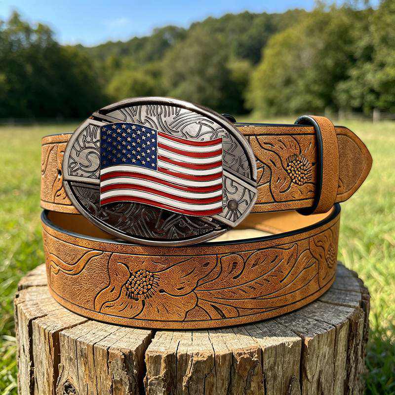 Western PU Embossed Leather Belt - with Square Buckle