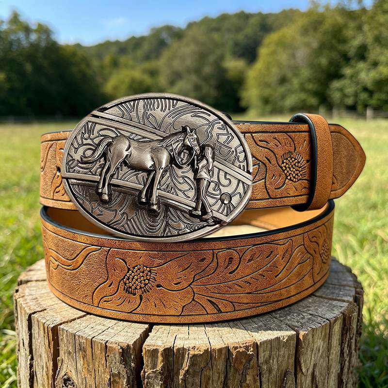 Western PU Embossed Leather Belt - with Square Buckle