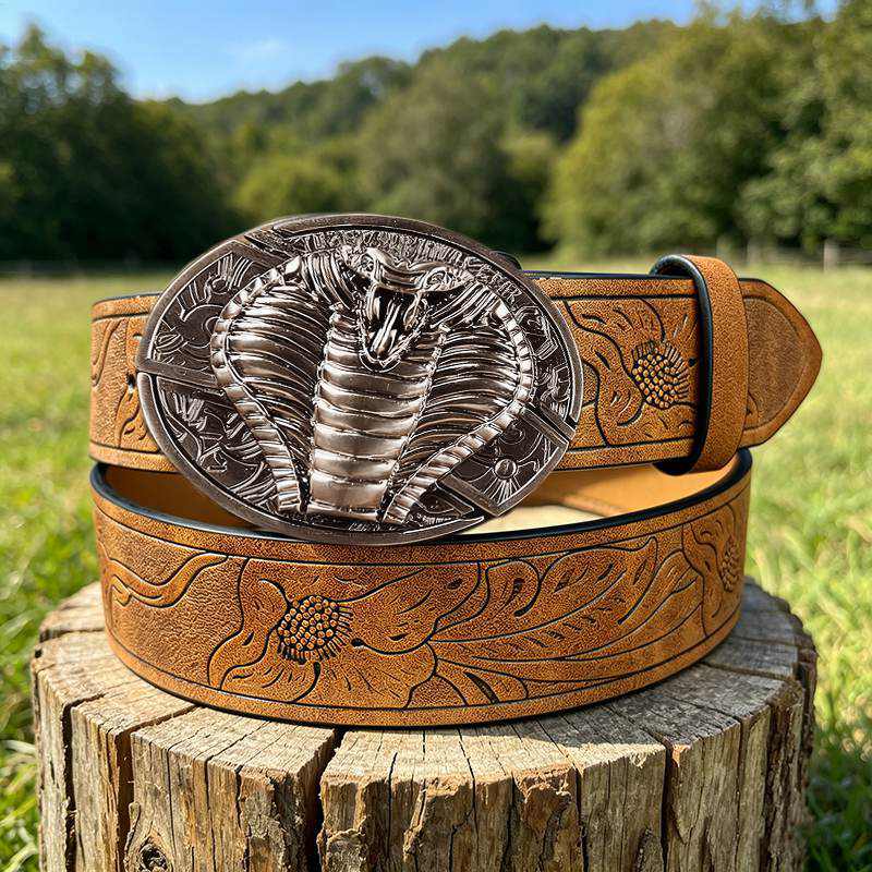 Western PU Embossed Leather Belt - with Square Buckle