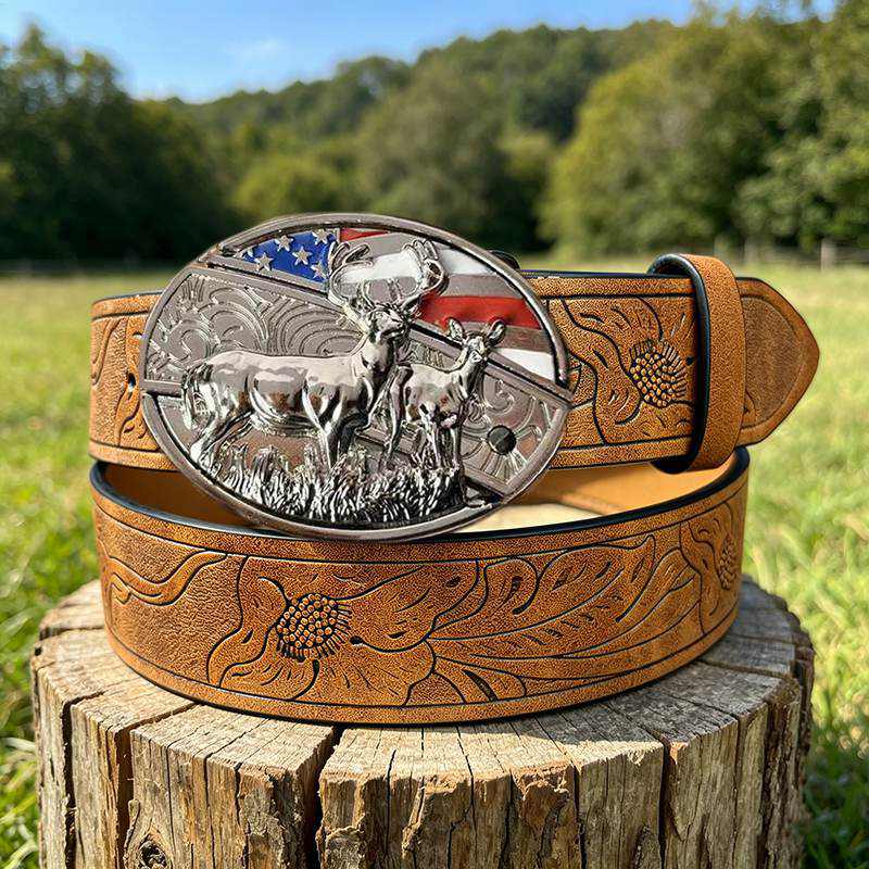 Western PU Embossed Leather Belt - with Square Buckle