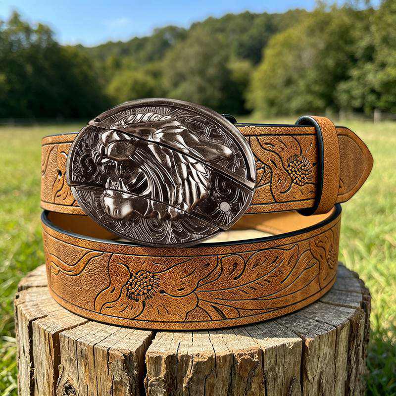 Western PU Embossed Leather Belt - with Square Buckle