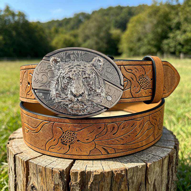 Western PU Embossed Leather Belt - with Square Buckle
