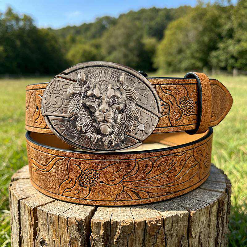 Western PU Embossed Leather Belt - with Square Buckle