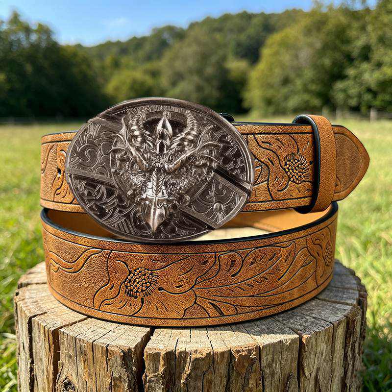 Western PU Embossed Leather Belt - with Square Buckle