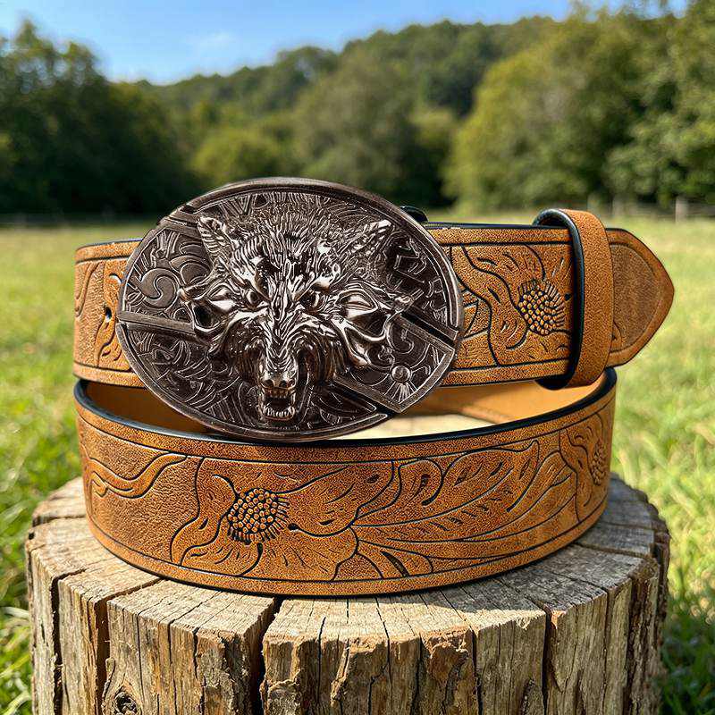 Western PU Embossed Leather Belt - with Square Buckle