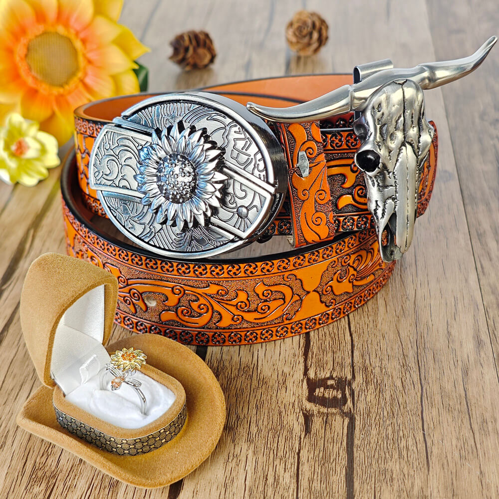 Western Sunflower & Longhorn EDC Set - Belt, Necklace & Fidget Ring