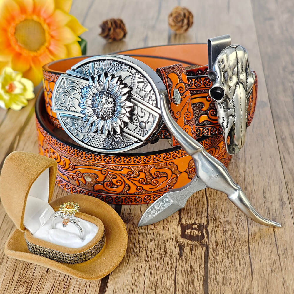 Western Sunflower & Longhorn EDC Set - Belt, Necklace & Fidget Ring