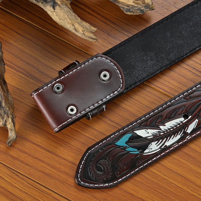 Western Feather Embossed Belt With Snap Without Buckle