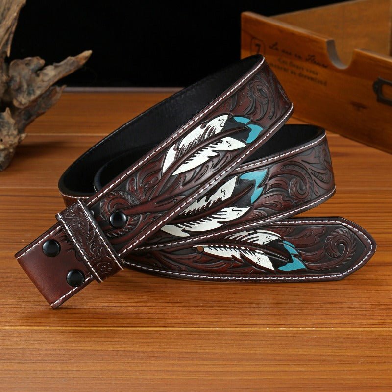 Western Feather Embossed Belt With Snap Without Buckle