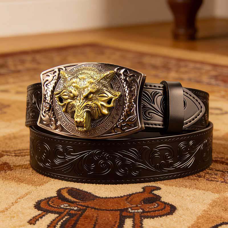 Black Tooled Western Leather Belt with Square Buckle