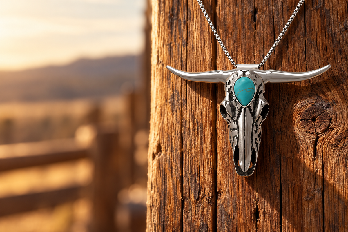 Turquoise longhorn skull necklace on warm wood